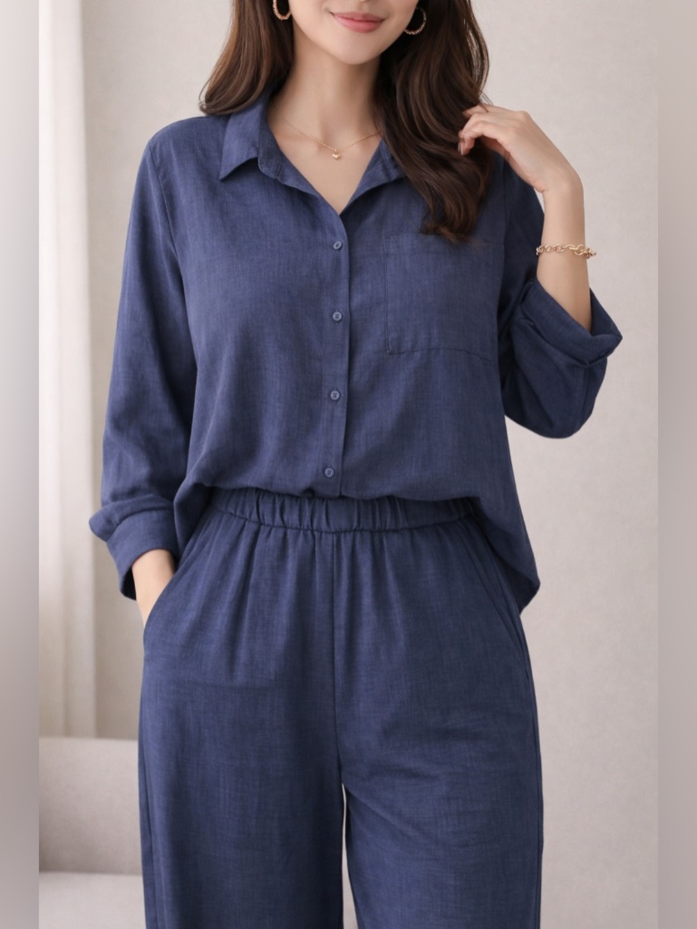 Navy Button-Up Relaxed Shirt & Wide Leg Pant Set